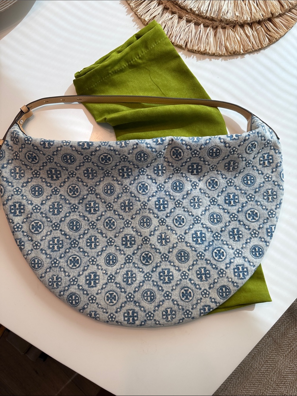 Tory Burch Blue and Cream Large Denim Monogram Shoulder Bag
